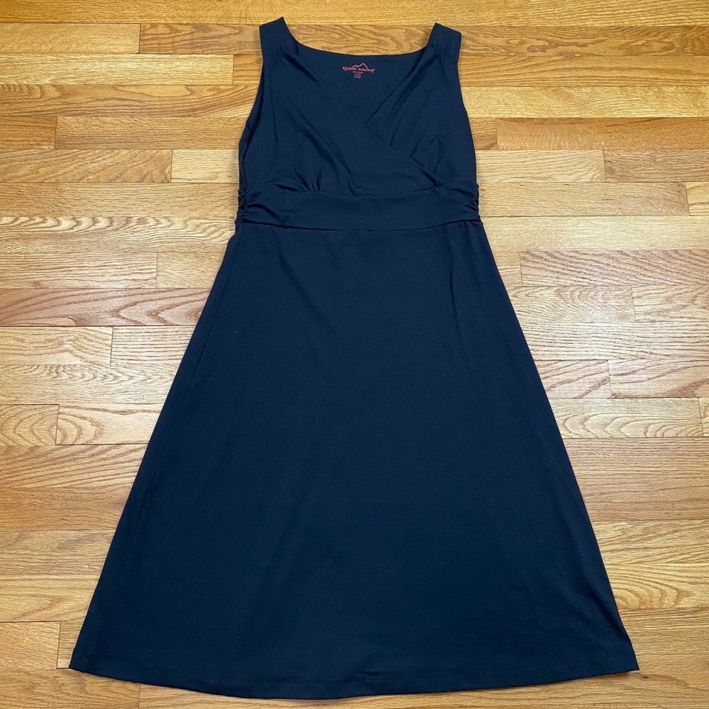 Eddie Bauer Surplice Midi Dress Womens M Black Sleeveless Empire Waist Classic